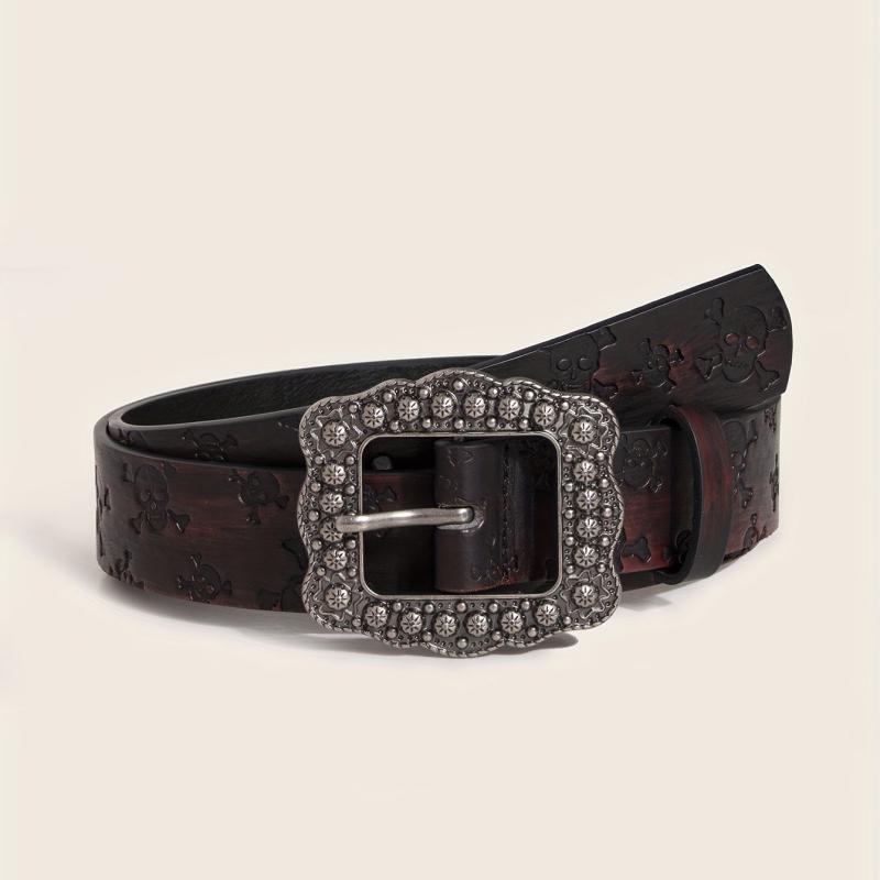 Vintage Carved Buckle Brown Belt Skull Pattern Embossed PU Leather Belt
