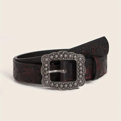 Vintage Carved Buckle Brown Belt Skull Pattern Embossed PU Leather Belt