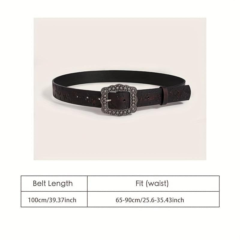 Vintage Carved Buckle Brown Belt Skull Pattern Embossed PU Leather Belt