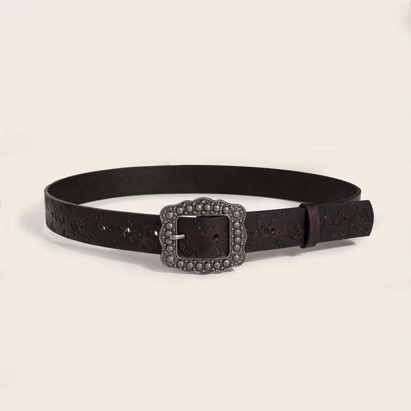 Vintage Carved Buckle Brown Belt Skull Pattern Embossed PU Leather Belt