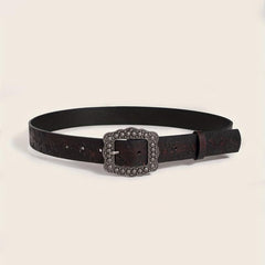 Vintage Carved Buckle Brown Belt Skull Pattern Embossed PU Leather Belt
