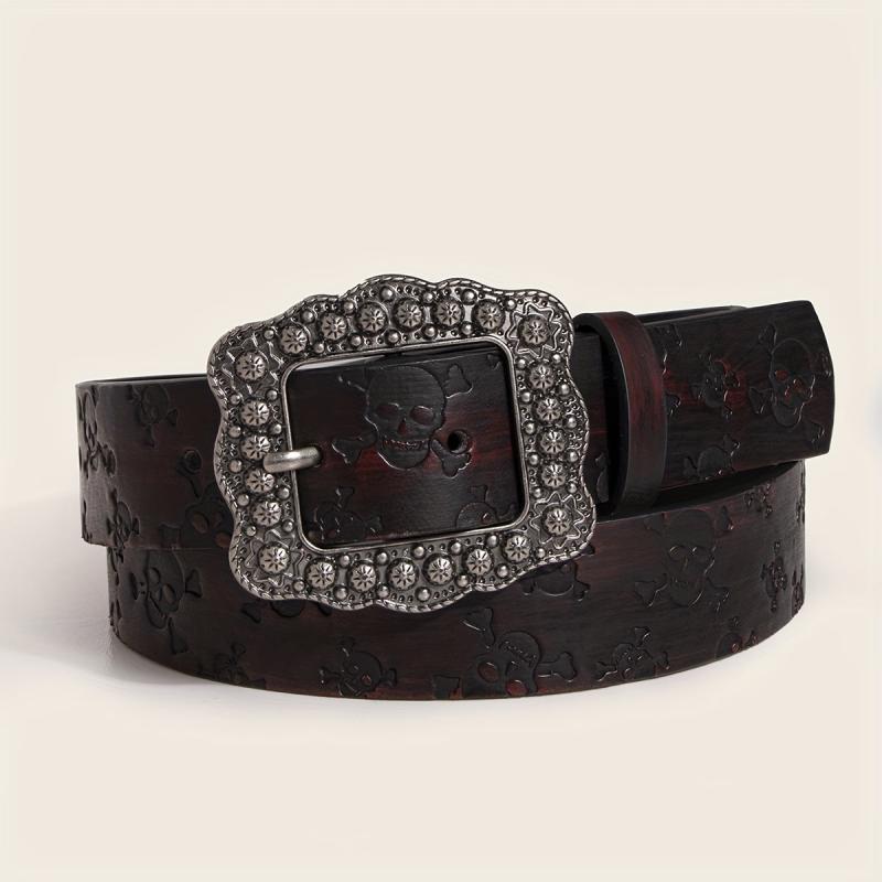 Vintage Carved Buckle Brown Belt Skull Pattern Embossed PU Leather Belt