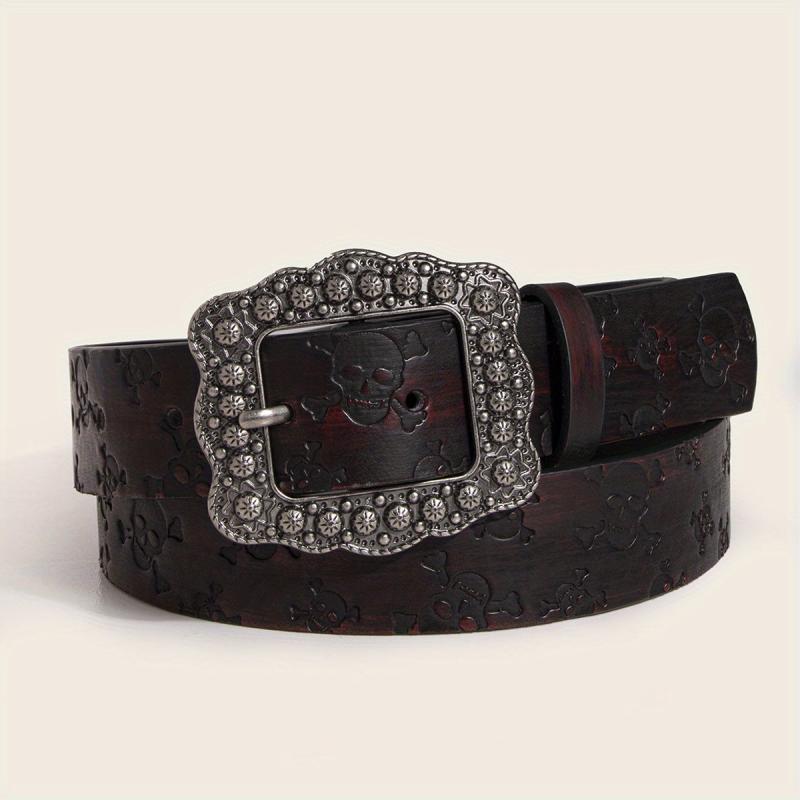 Vintage Carved Buckle Brown Belt Skull Pattern Embossed PU Leather Belt