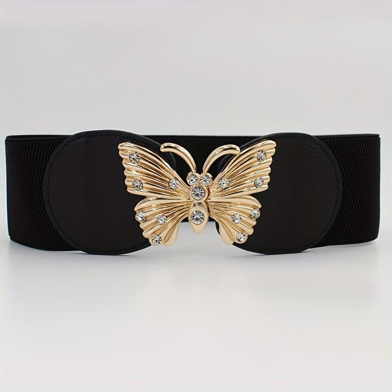 Rhinestone Metal Butterfly Waist Belt Vintage Elastic Wide Dress Belt