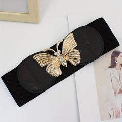 Rhinestone Metal Butterfly Waist Belt Vintage Elastic Wide Dress Belt