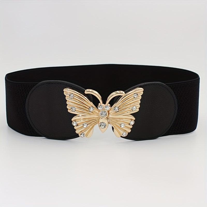 Rhinestone Metal Butterfly Waist Belt Vintage Elastic Wide Dress Belt