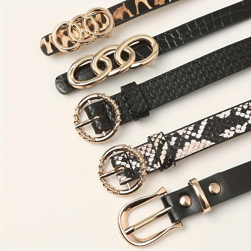 5pcs Stylish PU Belt Snake Leopard Print Vintage Belt Thin Dress Girdle
