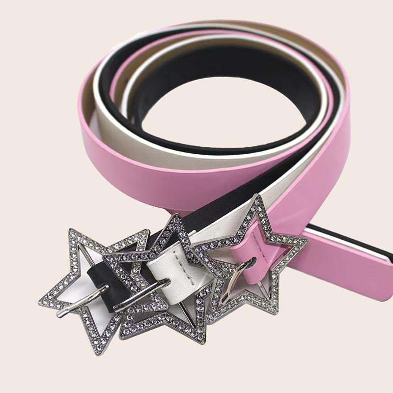 Pink Y2K PU Leather Belt Rhinestone Inlaid Pentagram Buckle Waistband