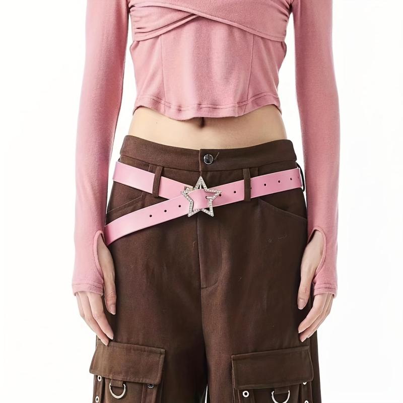 Pink Y2K PU Leather Belt Rhinestone Inlaid Pentagram Buckle Waistband