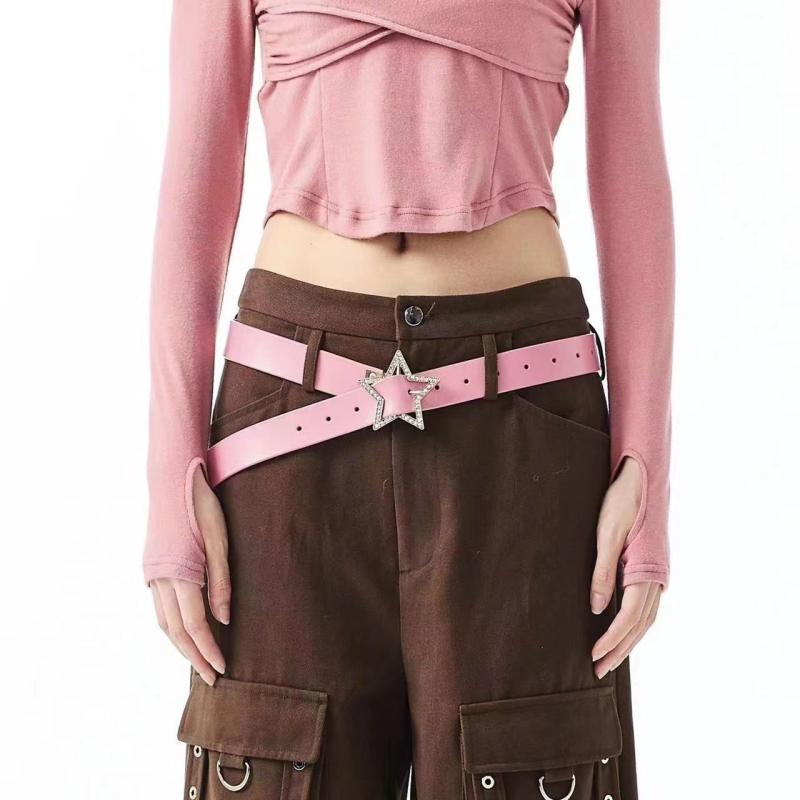 Pink Y2K PU Leather Belt Rhinestone Inlaid Pentagram Buckle Waistband
