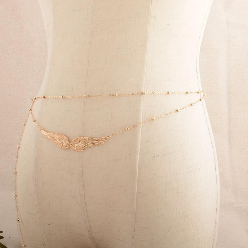 Layered Golden Wing Waist Chain Beaded Metal Waistband Dress Girdle