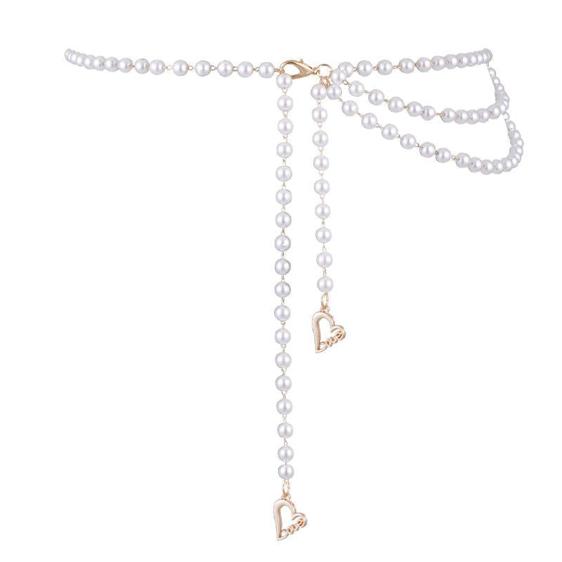 Faux Pearl Waist Chain Belt Floral Decor Sweater Stiletto Belt