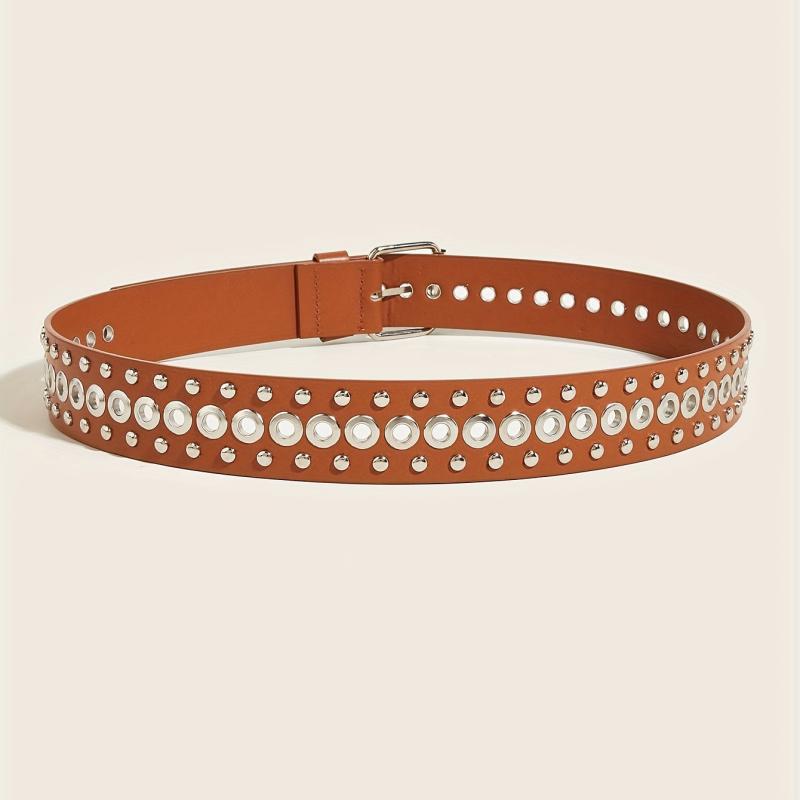 Square Pin Buckle PU Belt Rivet Eyelet Wide Waistband Unisex