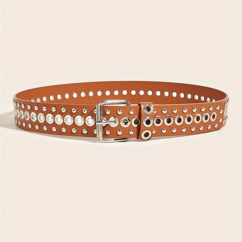 Square Pin Buckle PU Belt Rivet Eyelet Wide Waistband Unisex