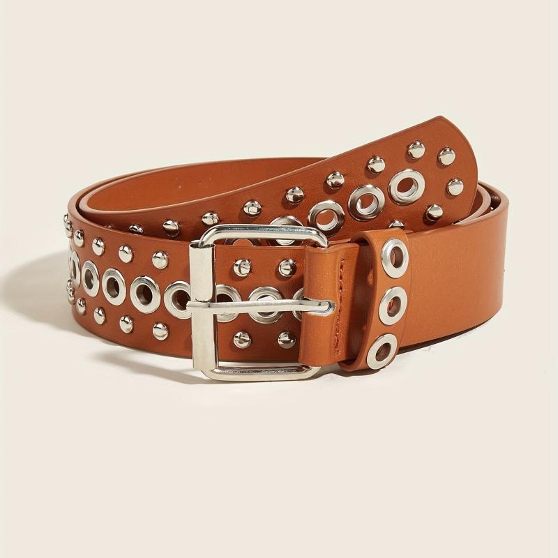 Square Pin Buckle PU Belt Rivet Eyelet Wide Waistband Unisex