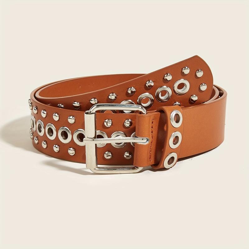 Square Pin Buckle PU Belt Rivet Eyelet Wide Waistband Unisex
