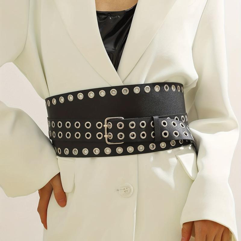 Punk Eyelet Wide Belt Double Pin Buckle Rivet PU Leather Waistband For Women