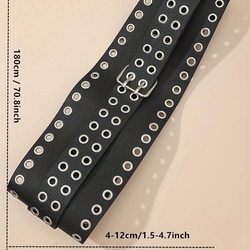 Punk Eyelet Wide Belt Double Pin Buckle Rivet PU Leather Waistband For Women