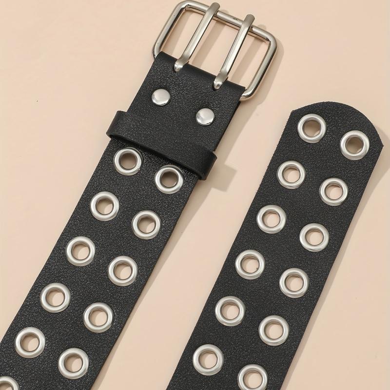 Punk Eyelet Wide Belt Double Pin Buckle Rivet PU Leather Waistband For Women