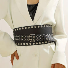 Punk Eyelet Wide Belt Double Pin Buckle Rivet PU Leather Waistband For Women