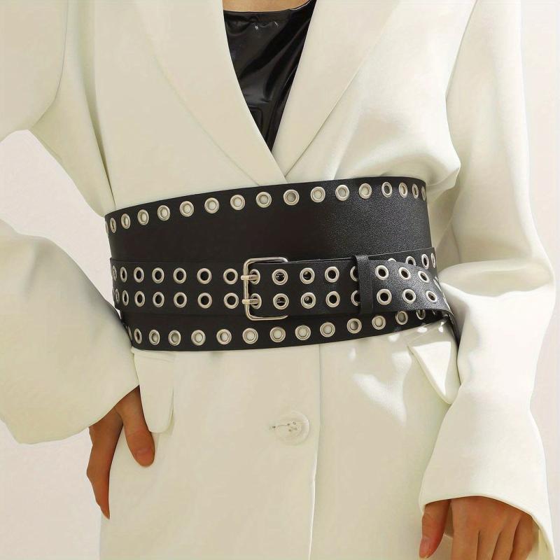 Punk Eyelet Wide Belt Double Pin Buckle Rivet PU Leather Waistband For Women