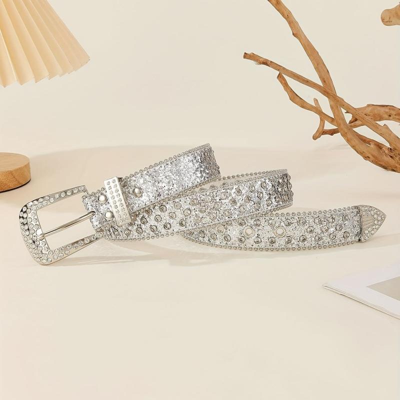 Sparkling Silvery Rhinestone Hip Hop Belt