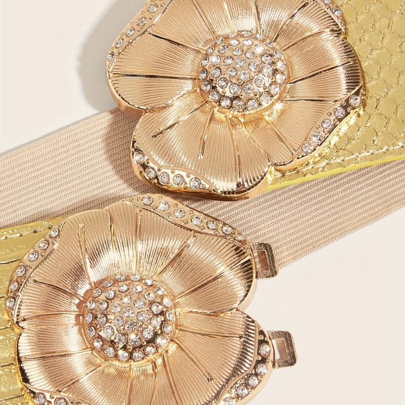 Golden Rhinestone Flower Buckle Belt Elastic Waistband