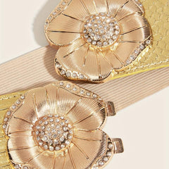 Golden Rhinestone Flower Buckle Belt Elastic Waistband