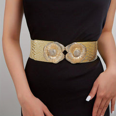 Golden Rhinestone Flower Buckle Belt Elastic Waistband