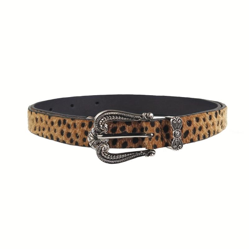 Vintage Carved Buckle Belt PU Leopard Print Western Cowgirl Belt