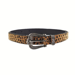Vintage Carved Buckle Belt PU Leopard Print Western Cowgirl Belt
