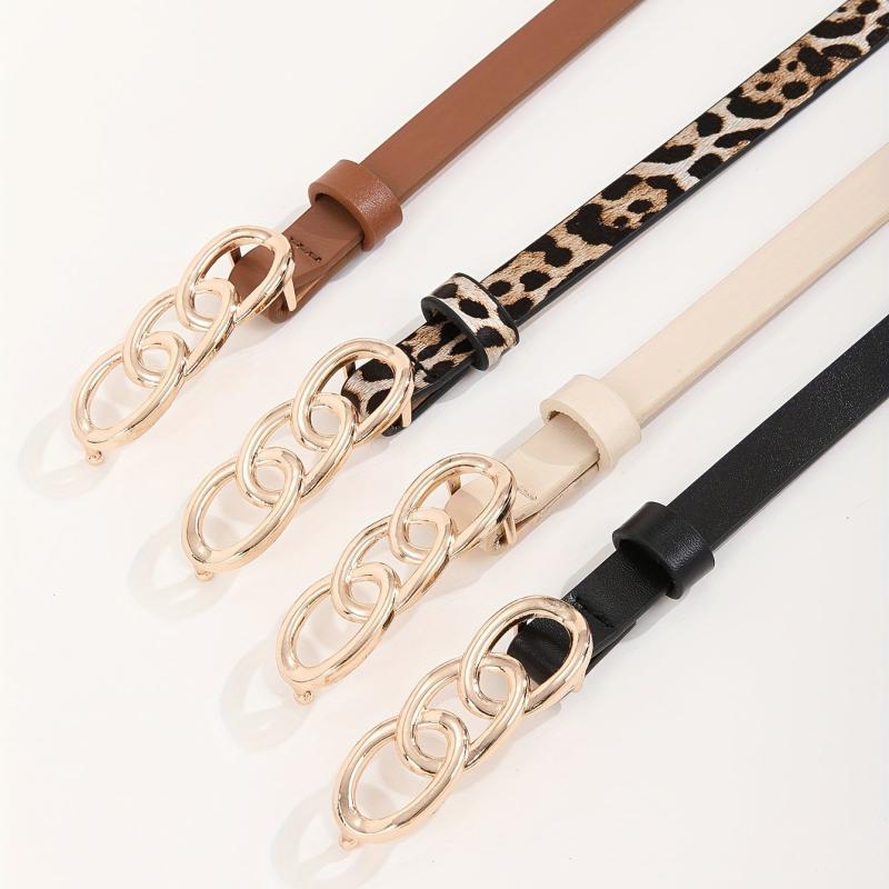 Leopard Print PU Leather Belt Triple Oval Ring Buckle Casual Jeans Pants Belts
