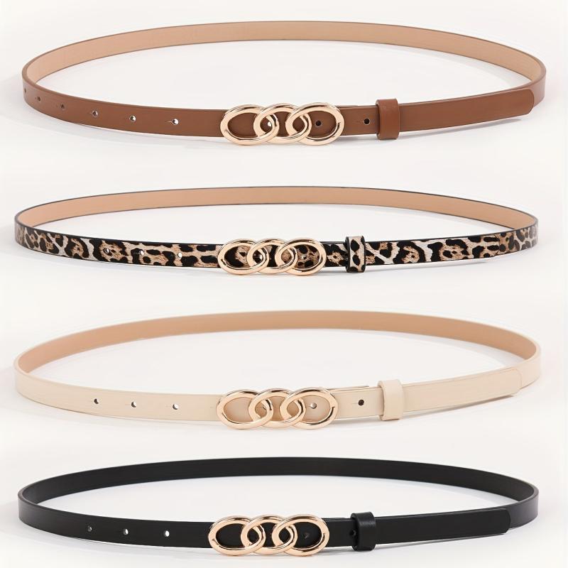 Leopard Print PU Leather Belt Triple Oval Ring Buckle Casual Jeans Pants Belts