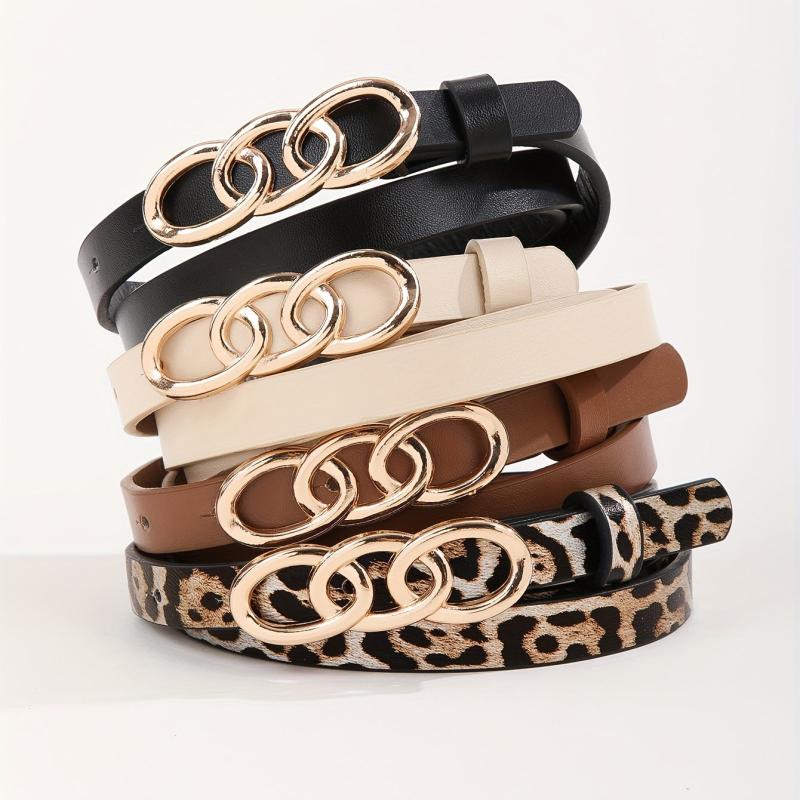 Leopard Print PU Leather Belt Triple Oval Ring Buckle Casual Jeans Pants Belts