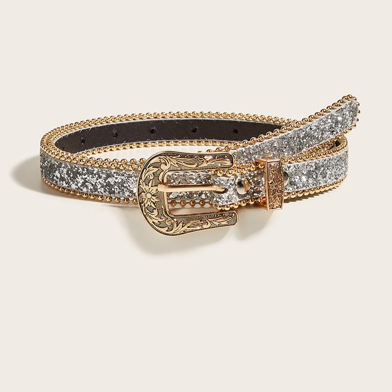 Women's Rhinestone Engraved Denim Belt