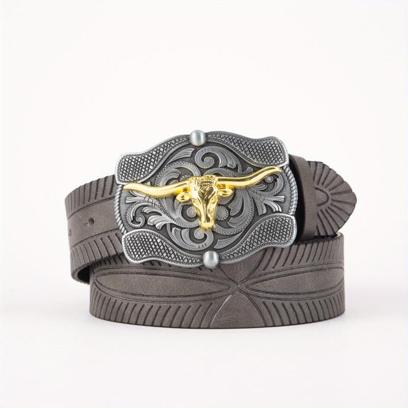 Vintage Golden Bull Head Plate Buckle Men's Leather Belt