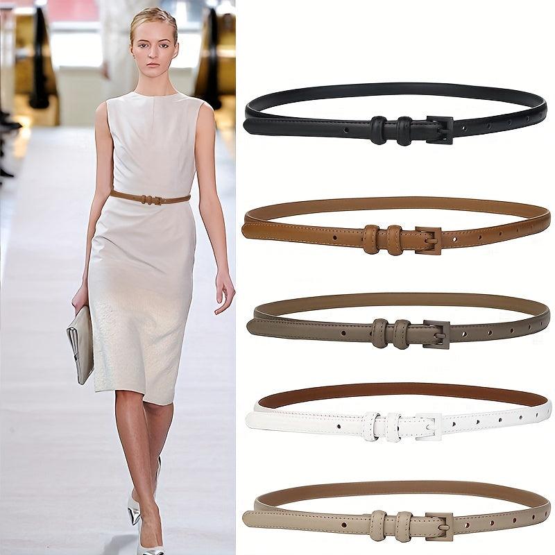 Solid Thin Leather Belt Square Pin Buckle Waistband Decorative