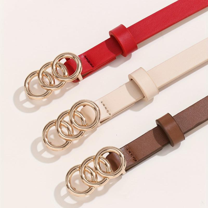 Solid PU Belt Triple Ring Buckle Vintage Thin Jeans Pants Waistband for Women
