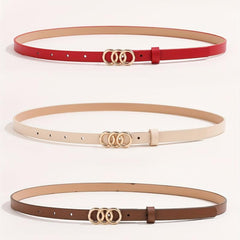 Solid PU Belt Triple Ring Buckle Vintage Thin Jeans Pants Waistband for Women