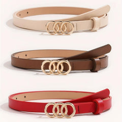 Solid PU Belt Triple Ring Buckle Vintage Thin Jeans Pants Waistband for Women