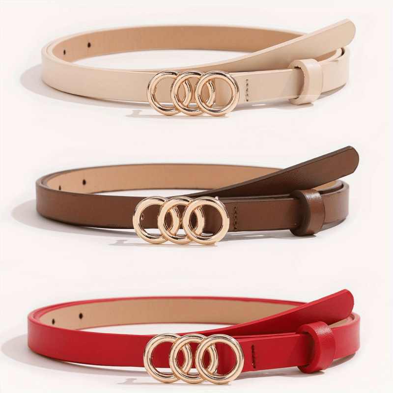 Solid PU Belt Triple Ring Buckle Vintage Thin Jeans Pants Waistband for Women