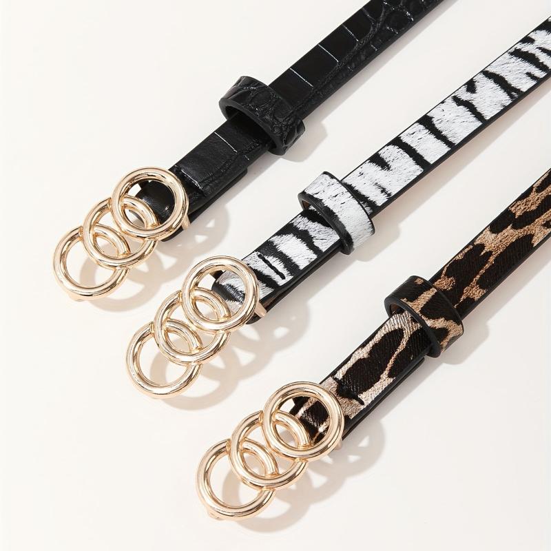 3pcs Triple Ring Buckle Belt Classic PU Belt Thin Jeans Waistband for Women
