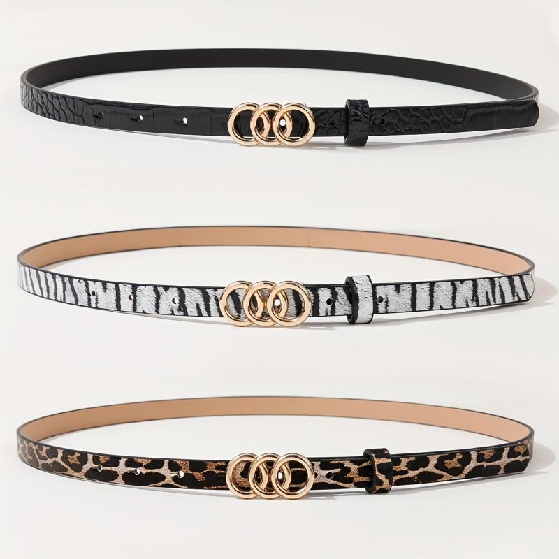 3pcs Triple Ring Buckle Belt Classic PU Belt Thin Jeans Waistband for Women