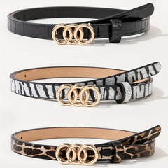 3pcs Triple Ring Buckle Belt Classic PU Belt Thin Jeans Waistband for Women