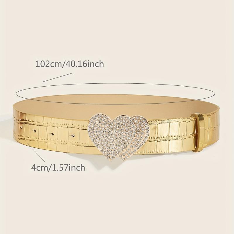 Rhinestone Heart Buckle Belt Golden Elastic Wide Belt PU Leather Waistband