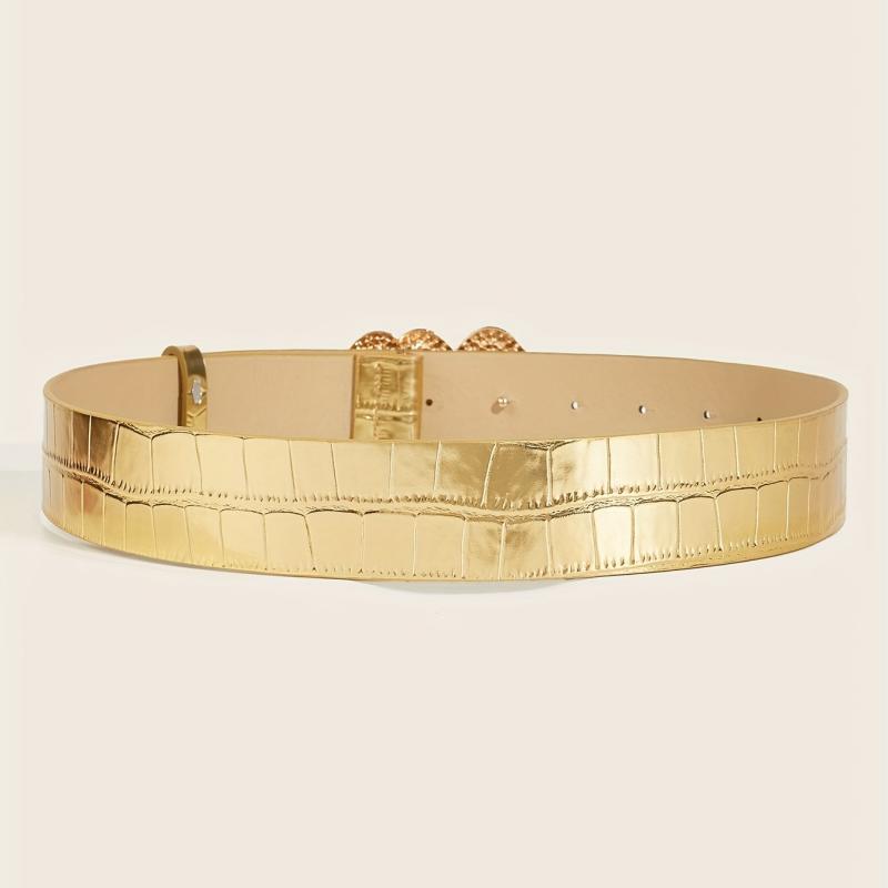 Rhinestone Heart Buckle Belt Golden Elastic Wide Belt PU Leather Waistband