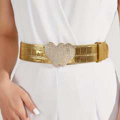 Rhinestone Heart Buckle Belt Golden Elastic Wide Belt PU Leather Waistband