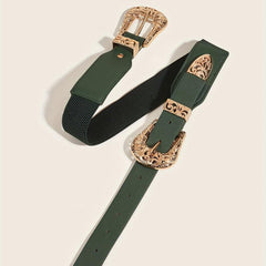 Double Carved Buckle Western Belt Vintage Dark Green Elastic Belt