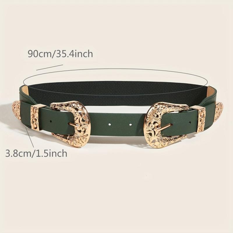 Double Carved Buckle Western Belt Vintage Dark Green Elastic Belt
