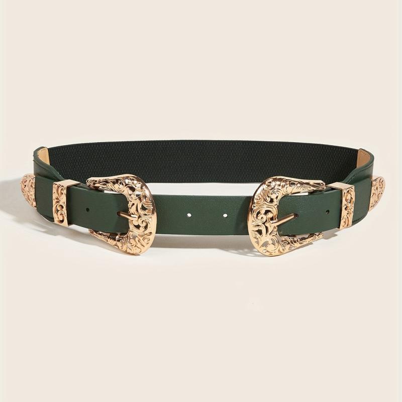 Double Carved Buckle Western Belt Vintage Dark Green Elastic Belt